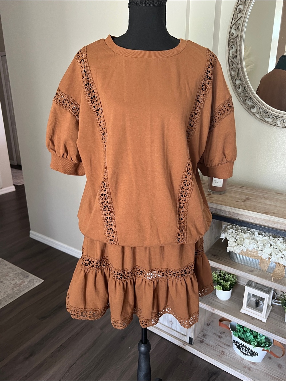 Rust Crochet-Trim Two-Piece Dress Set